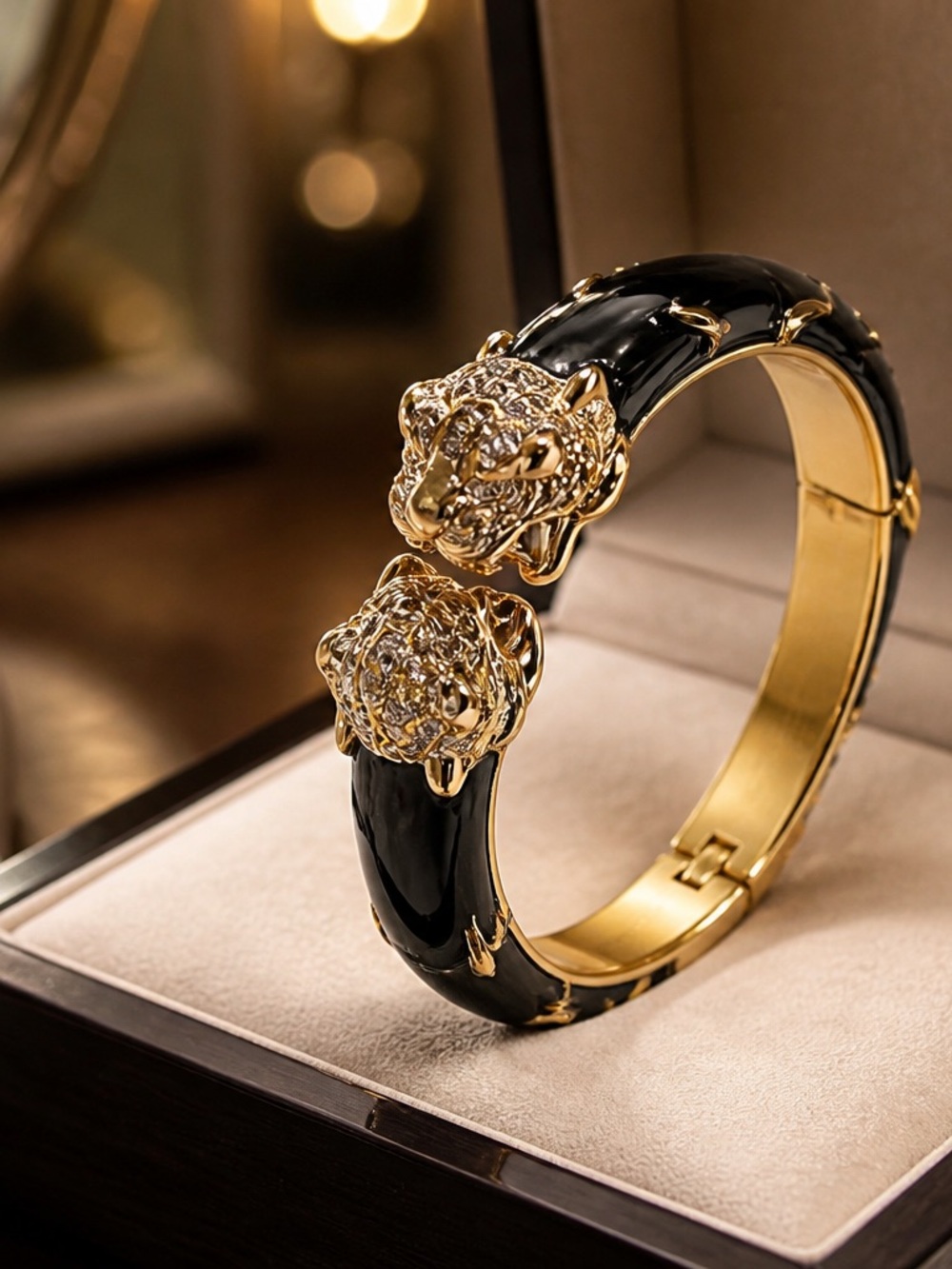 Gold & Black Lion Head Hinge Bracelet - Women's Fashion Jewelry